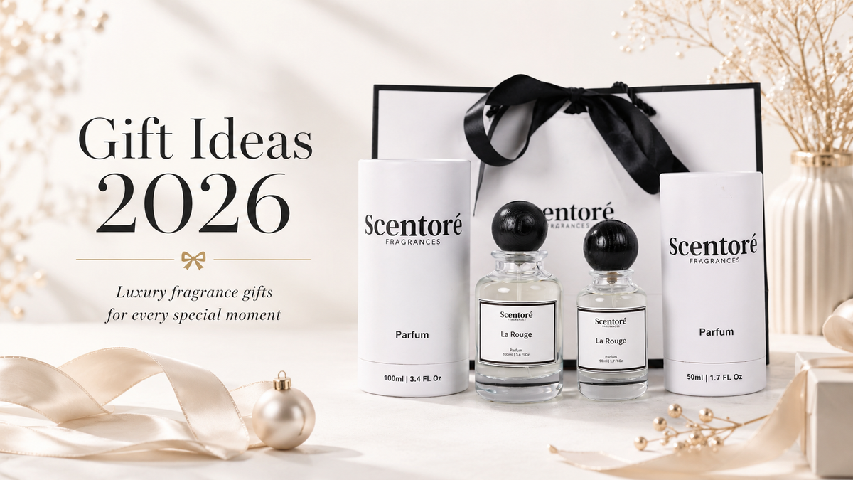 Luxury Scentoré perfume gift set with La Rouge fragrance bottles, white packaging and black ribbon for 2026 gift ideas