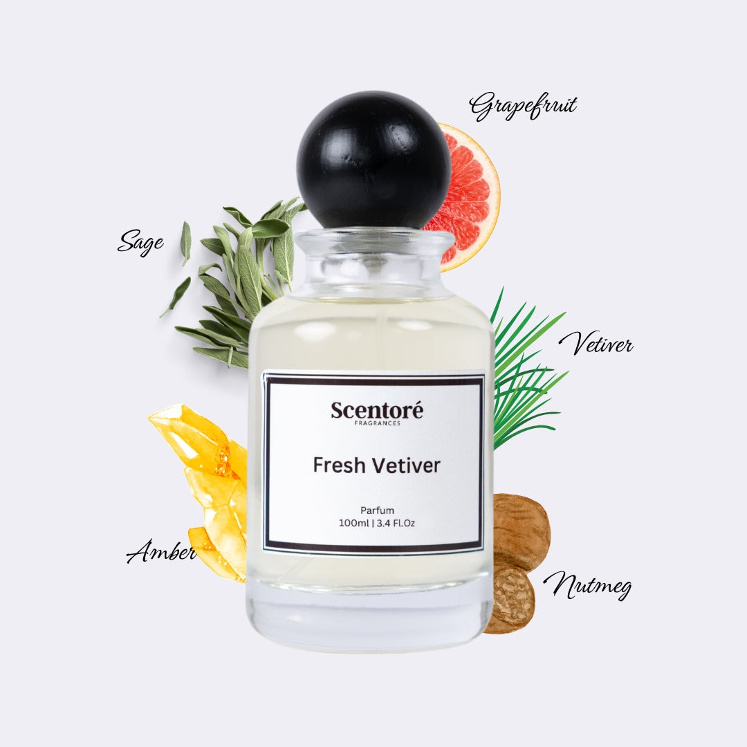 Grey Vetiver inspired perfume by Scentore – long lasting fresh woody men’s fragrance bottle