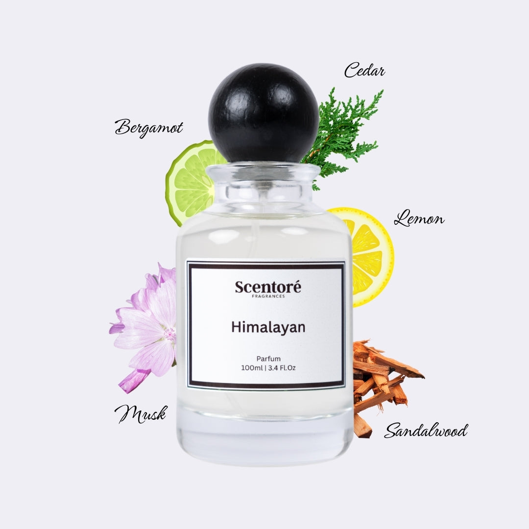 Himalayan inspired perfume by Scentore – long lasting fresh woody men’s fragrance bottle