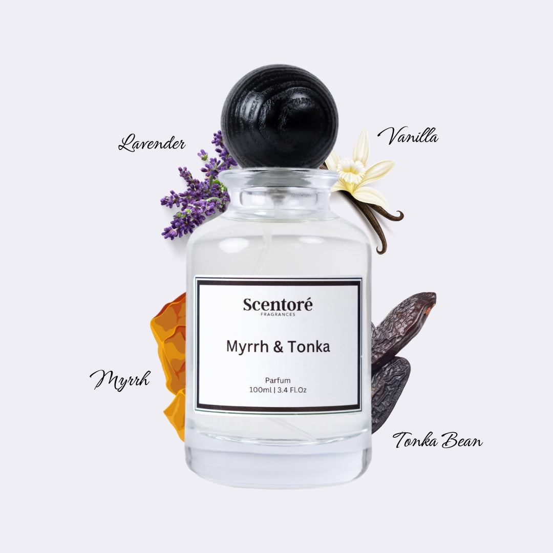 Myrrh Tonka inspired perfume by Scentore – long lasting warm sweet unisex fragrance bottle